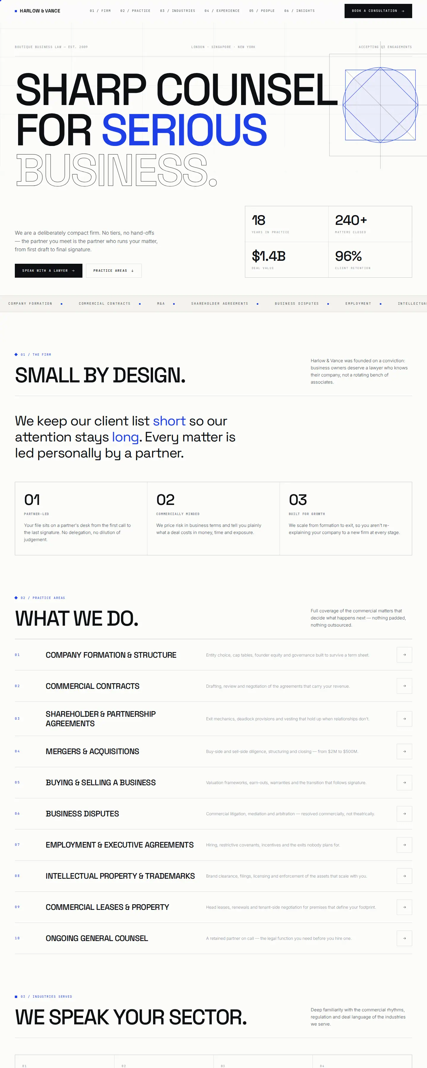Harlow and Vance boutique business law firm website design by Depiction Studio