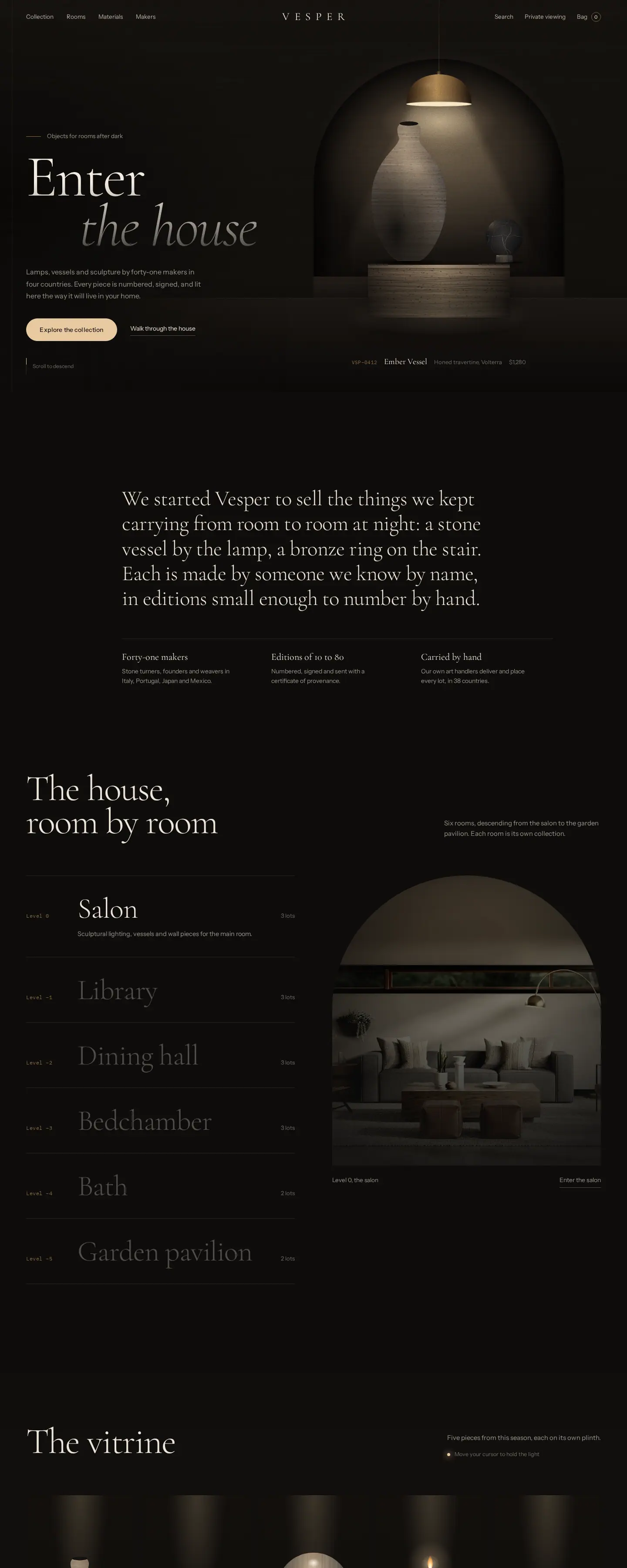 Vesper home decor ecommerce concept with room-led collection navigation and material-focused presentation