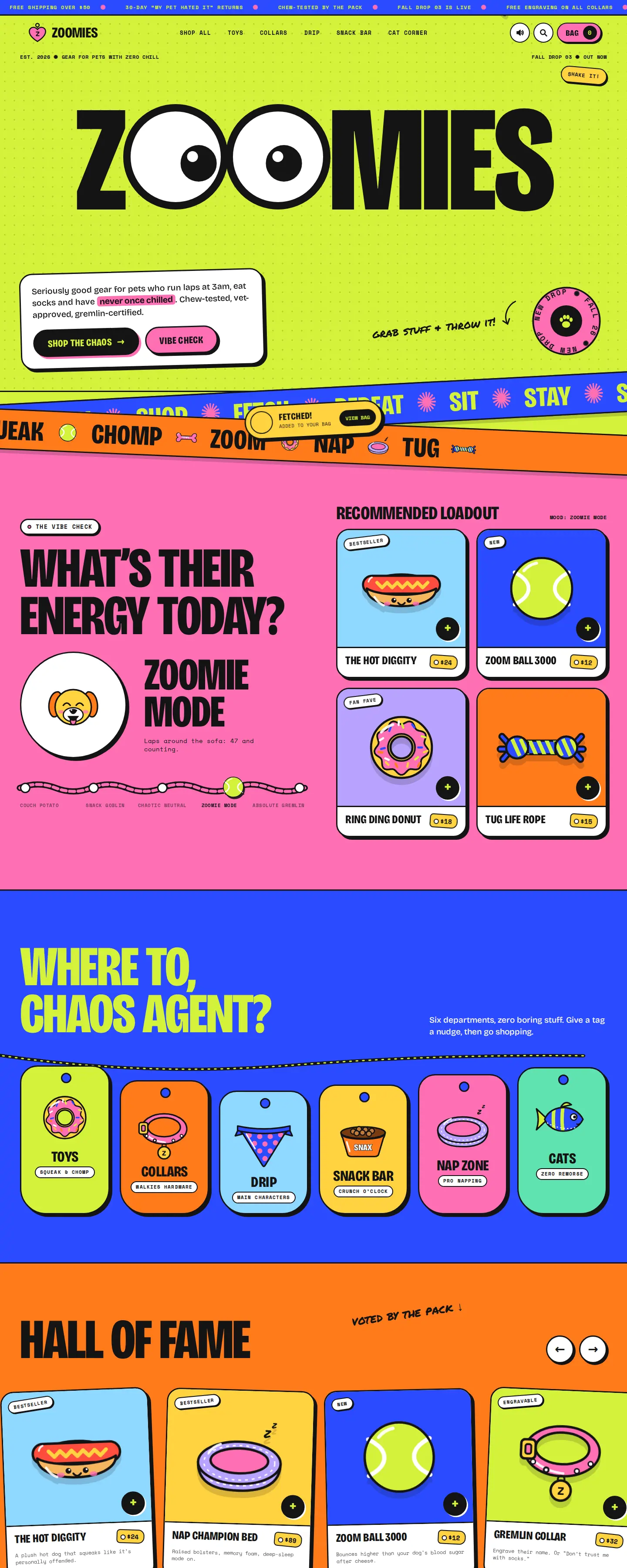 Zoomies pet store website design concept showing playful navigation and product-discovery modules